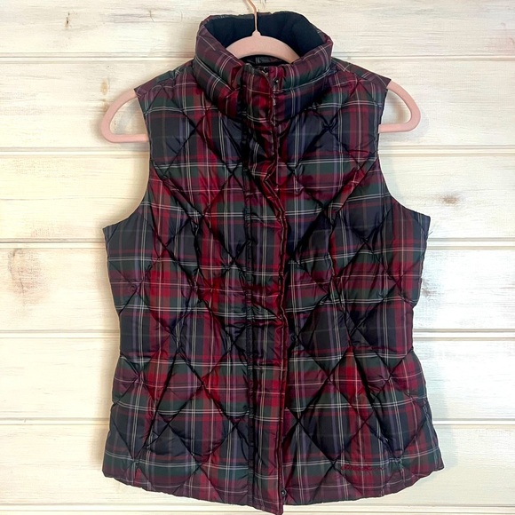 Eddie Bauer Full Zip Sleeveless Pockets Plaid Preppy Vest Size Small GOOSE DOWN - Picture 1 of 9